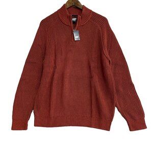 NEW Lands' End Drifter Men's L Ribbed Cotton Sweater Rust Red Mock Neck